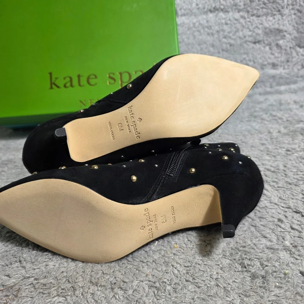 Kate Spade Starr Black Suede Studded Pointed Toe Kitten Heel‎ Ankle Boots 6M NEW